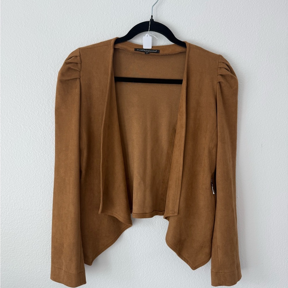 Suede-Look Open Front Jacket in Camel